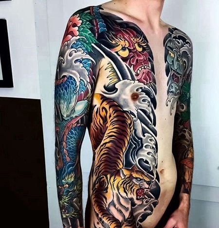 日式胳膊侧腰龙老虎纹身图案