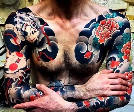 日式前胸老头牡丹纹身图案