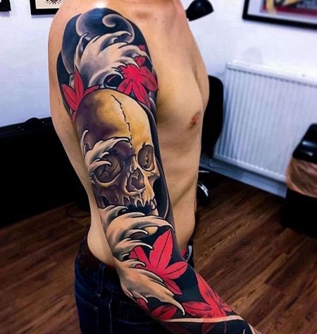 新传统骷髅枫叶纹身图案