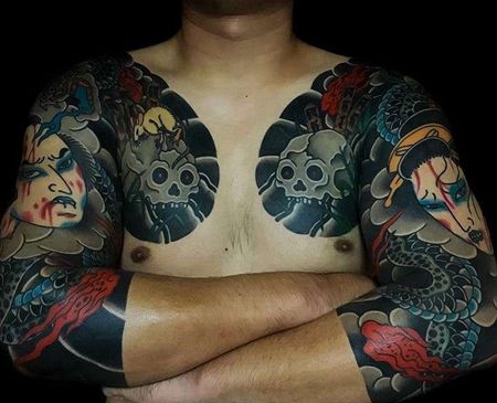 日式胳膊前胸武士骷髅纹身图案