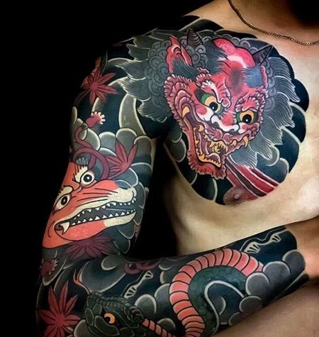 日式胳膊前胸蛇狐狸唐狮纹身图案