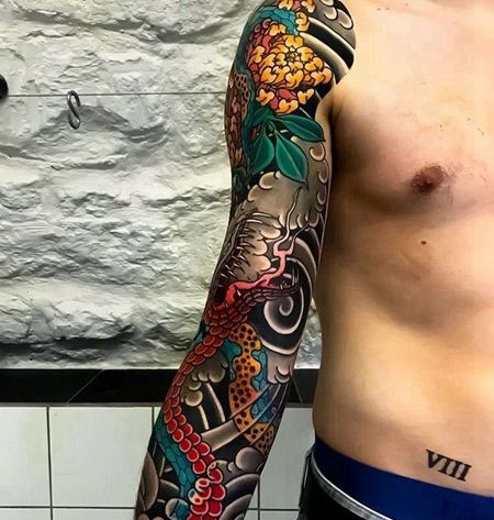 日式胳膊菊花蛇纹身图案