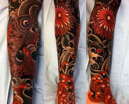 日式小腿鲤鱼菊花纹身图案