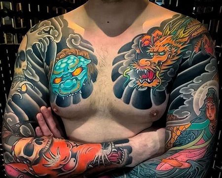 日式胳膊前胸狐狸龙唐狮纹身图案
