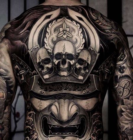 日式后背武士骷髅纹身图案