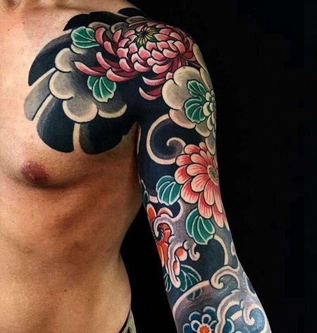 日式胳膊大臂菊花纹身图案