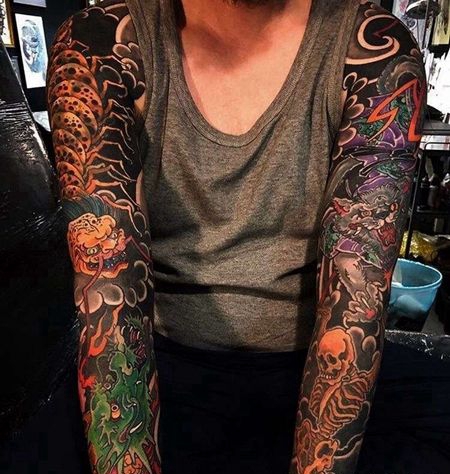 日式胳膊龙蜈蚣狼骷髅纹身图案