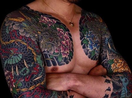 日式大臂龙牡丹纹身图案