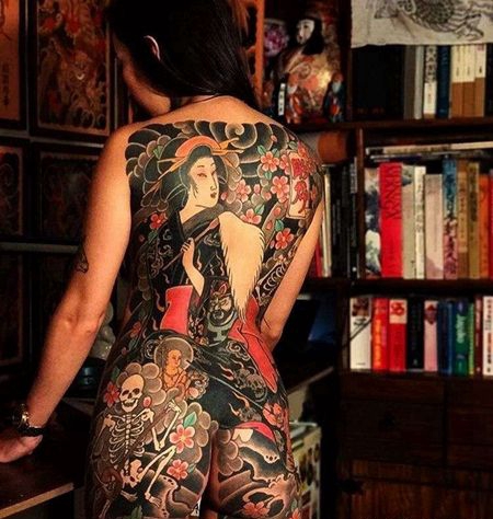 日式后背艺伎骷髅纹身图案