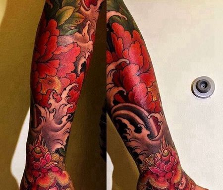 新传统小臂手背牡丹唐狮纹身图案