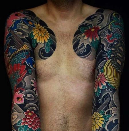 日式胳膊前胸凤凰纹身图案