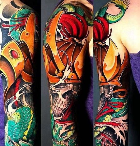 新传统大臂骷髅武士龙纹身图案