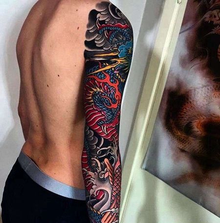 日式胳膊龙鲤鱼纹身图案