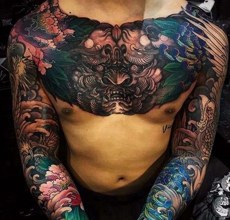 日式胳膊前胸牡丹菊花唐狮纹身图案