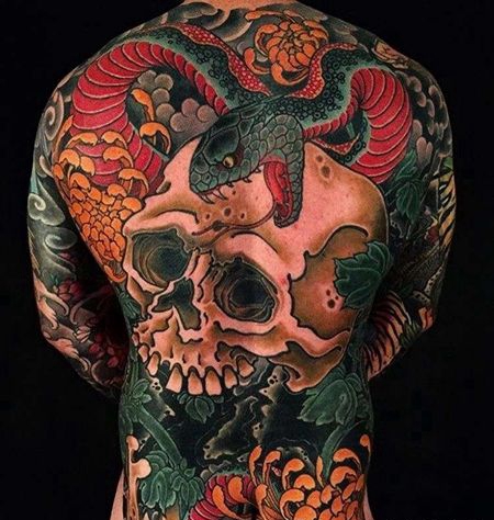日式后背骷髅蛇菊花纹身图案
