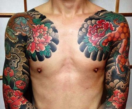 日式大臂唐狮牡丹纹身图案