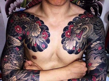 日式胳膊前胸豹子老虎纹身图案