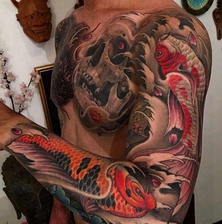 日式胳膊前胸鲤鱼骷髅纹身图案