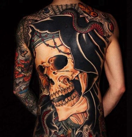 日式后背骷髅纹身图案