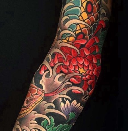 日式胳膊蛇菊花纹身图案