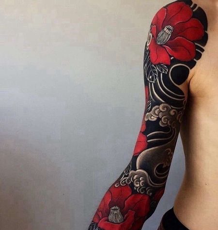 日式胳膊花卉海浪纹身图案