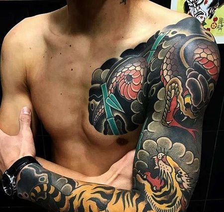 日式胳膊前胸蛇老虎纹身图案