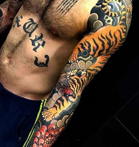 日式胳膊老虎菊花纹身图案