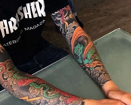 日式胳膊风神雷神纹身图案