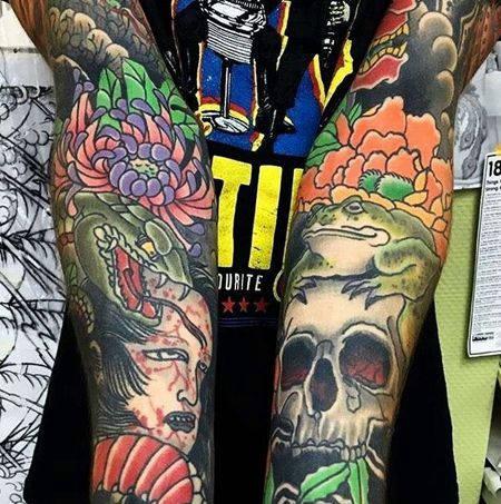 日式胳膊骷髅蛇牡丹菊花纹身图案