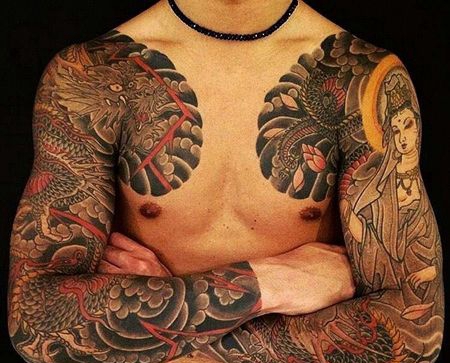 日式胳膊前胸龙观音菩萨纹身图案