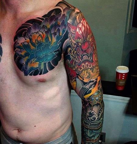 日式胳膊前胸牡丹武士唐狮纹身图案