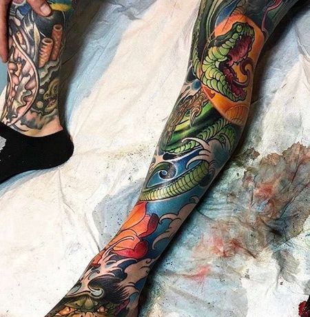 日式小腿蛇河童纹身图案