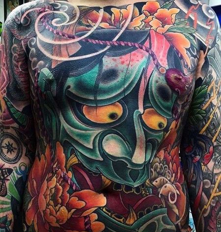 日式前胸肚子般若牡丹纹身图案