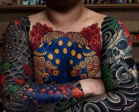 日式胳膊前胸蜘蛛骷髅唐狮纹身图案