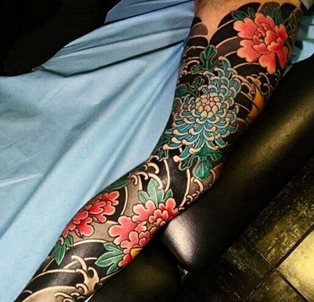 日式腿牡丹菊花纹身图案