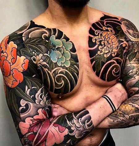 日式胳膊前胸牡丹菊花纹身图案