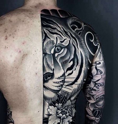 新传统后背老虎牡丹纹身图案