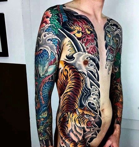 日式胳膊侧腰老虎龙般若纹身图案