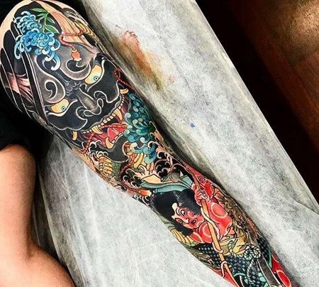 日式腿武士般若纹身图案