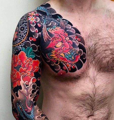 日式大臂前胸蛇牡丹般若纹身图案