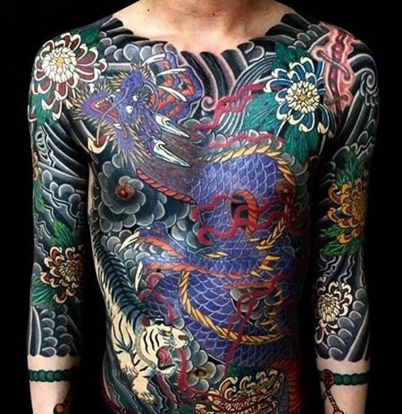 日式前胸腹部龙老虎纹身图案