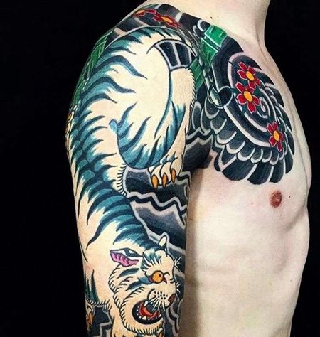日式大臂前胸老虎纹身图案