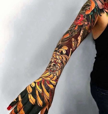 日式小臂菊花骷髅纹身图案