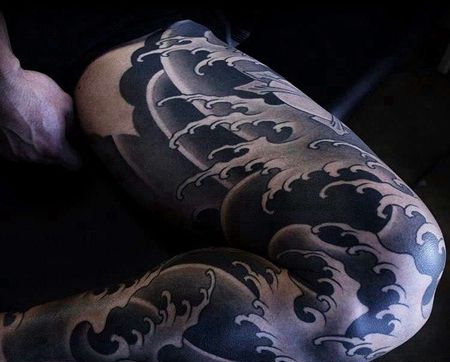 日式腿海浪纹身图案