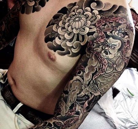 日式胳膊前胸雷神菊花纹身图案