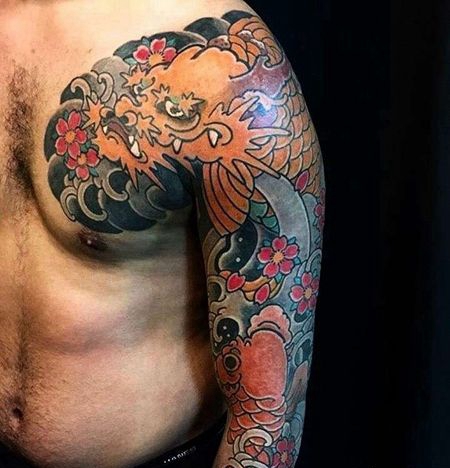 日式大臂前胸鲤鱼龙纹身图案