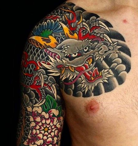 日式大臂前胸菊花龙纹身图案