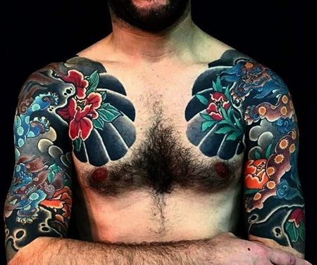 日式胳膊前胸唐狮纹身图案