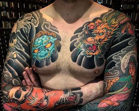 日式胳膊前胸唐狮龙狐狸纹身图案