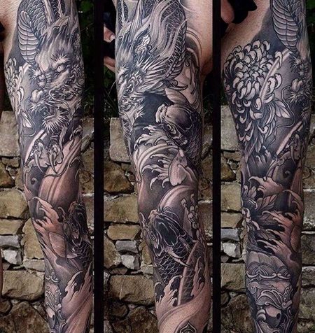 日式胳膊鲤鱼菊花龙骷髅纹身图案